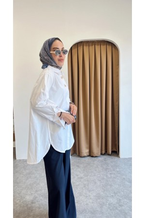 Metal Düğme Detaylı Gömlek-Beyaz