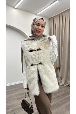 Önden Kemer Detaylı Kürk Yelek-Taş