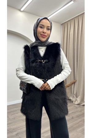 Önden Kemer Detaylı Kürk Yelek-Siyah