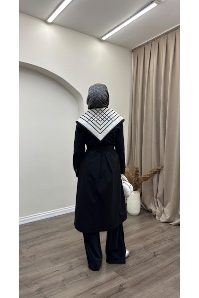Eşarp Detaylı Trençkot-Siyah