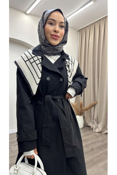 Eşarp Detaylı Trençkot-Siyah