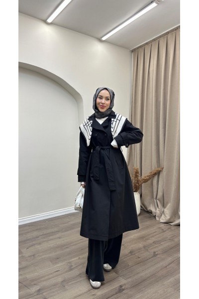 Eşarp Detaylı Trençkot-Siyah