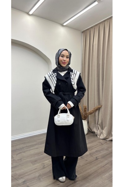 Eşarp Detaylı Trençkot-Siyah
