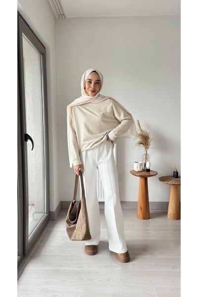 Bisiklet Yaka Kolu Manşetli Sweat-Bej