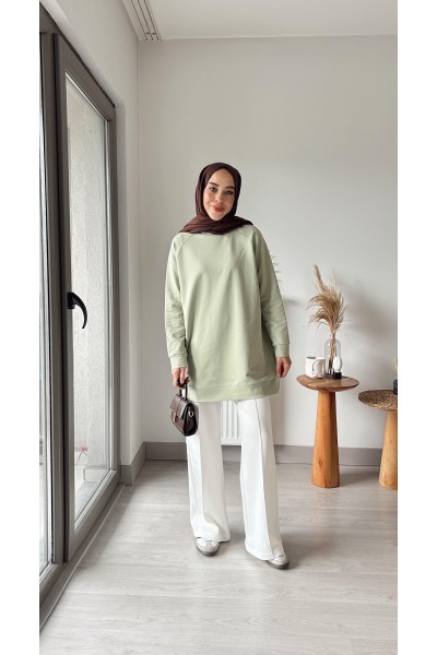 Bisiklet Yaka Kolu Manşetli Sweat-Yeşil