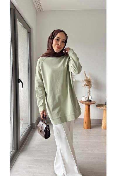 Bisiklet Yaka Kolu Manşetli Sweat-Yeşil