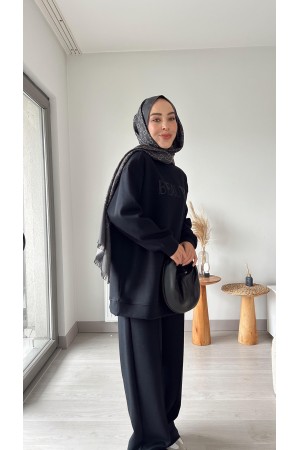 Taşlı Ve Baskı Detaylı Takım-Siyah