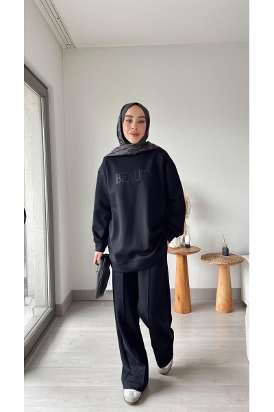 Taşlı Ve Baskı Detaylı Takım-Siyah