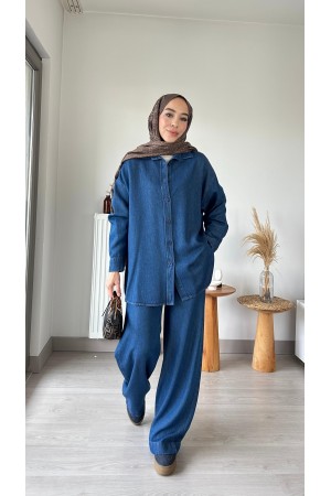 Gömlekli Bol Paça Tensel Takım-Koyu Mavi