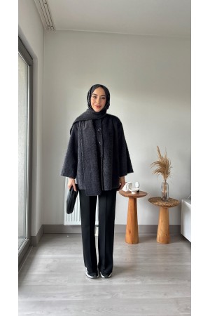 Atkılı Peluş Ceket-Siyah