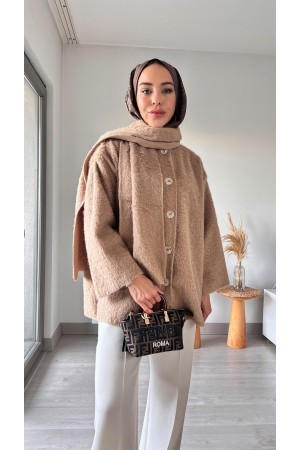 Atkılı Peluş Ceket-Camel