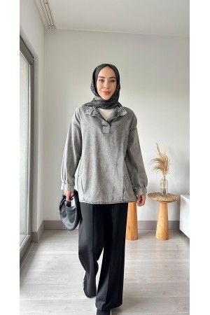 Yakası Metal Çıtçıtlı Kot Tunik-Mavi