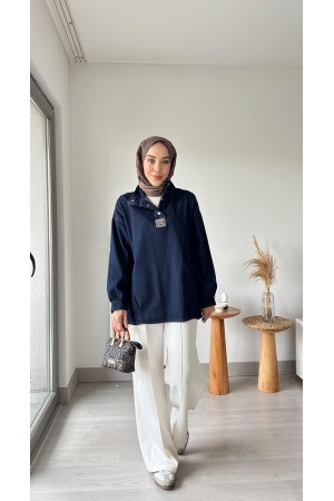 Yakası Metal Çıtçıtlı Kot Tunik-Lacivert