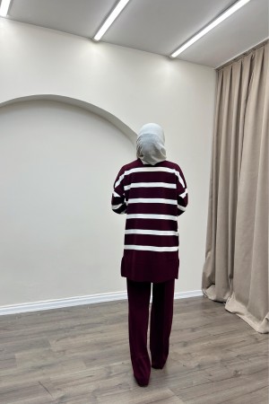 Çizgili Triko Takım-Bordo
