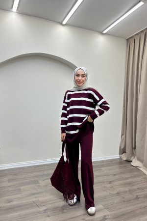 Çizgili Triko Takım-Bordo