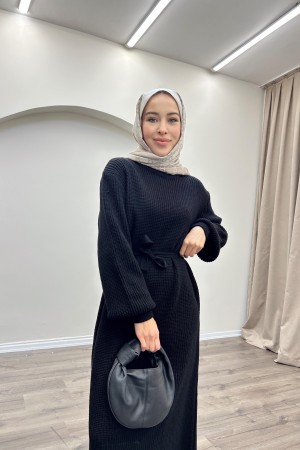 Kolları Manşetli Selanik Elbise-Siyah