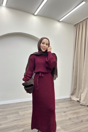 Kolları Manşetli Selanik Elbise-Bordo