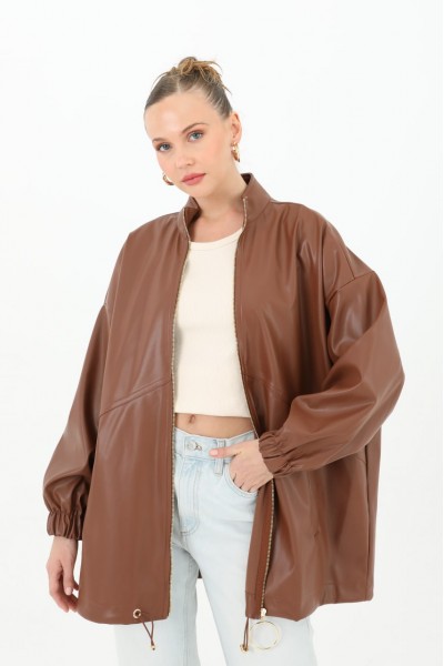 Oversize Kısa Deri Ceket-Kahverengi
