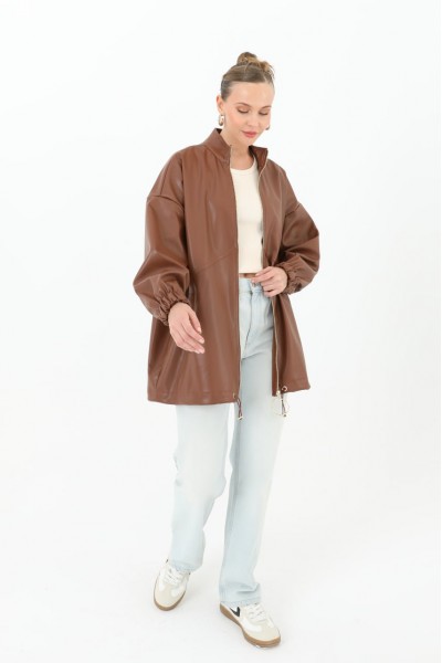 Oversize Kısa Deri Ceket-Kahverengi
