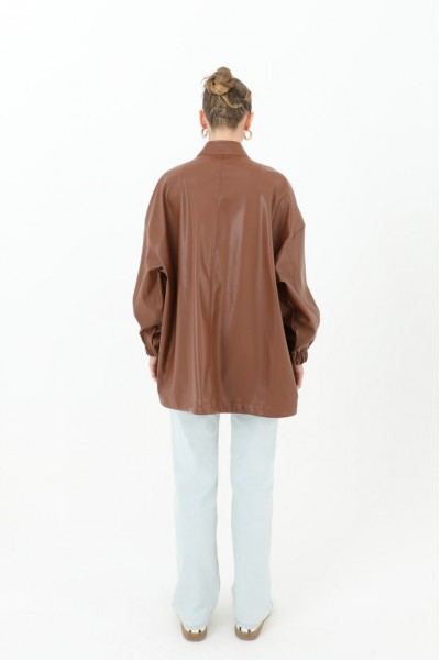 Oversize Kısa Deri Ceket-Kahverengi