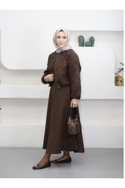 Ceketi Çiçek Desenli Etek Takım-Kahverengi