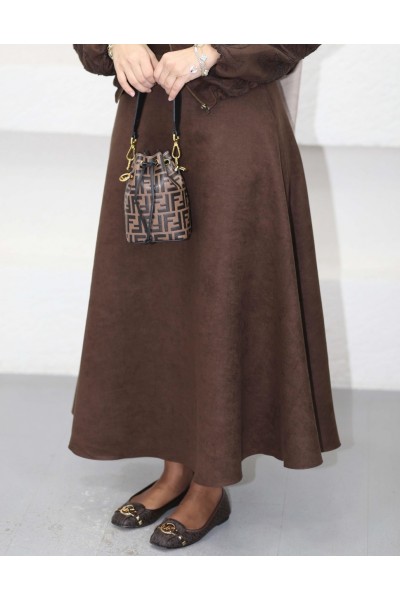 Ceketi Çiçek Desenli Etek Takım-Kahverengi