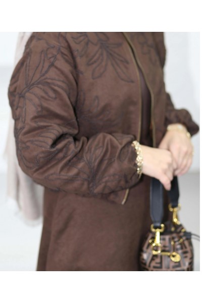 Ceketi Çiçek Desenli Etek Takım-Kahverengi