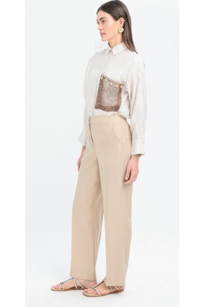 Cepli Boru Paça Keten Pantolon-Bej