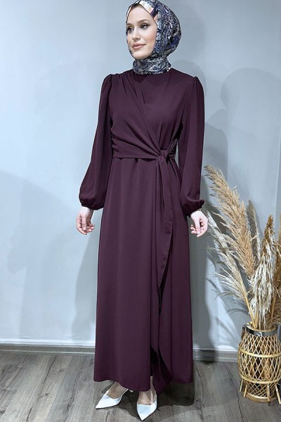 Önü Bağlamalı Elbise-Bordo