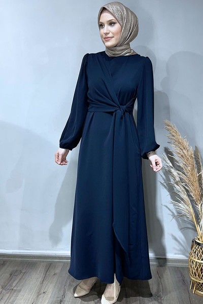 Önü Bağlamalı Elbise-Lacivert