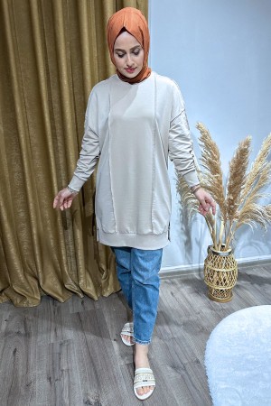 Önü Çift Şeritli Tunik-Ekru