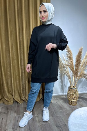 Önü Çift Şeritli Tunik-Siyah