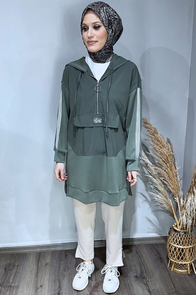 Önü Paraşüt Kapişonlu Sweat-Haki