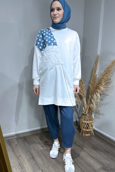 Güllü Fermuar Detaylı Sweat-Ekru