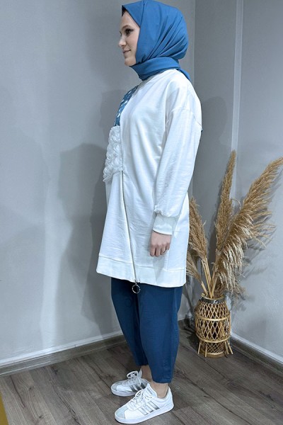 Güllü Fermuar Detaylı Sweat-Ekru