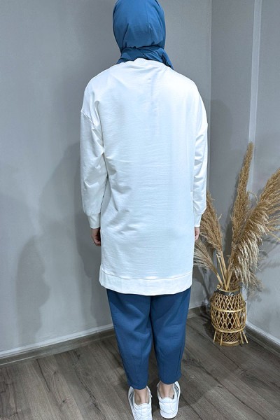 Güllü Fermuar Detaylı Sweat-Ekru