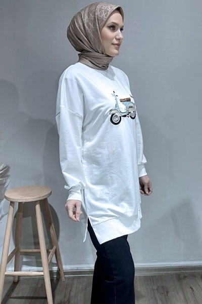 Motosiklet Baskılı Sweat-Ekru