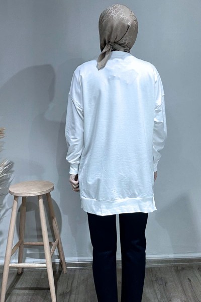 Motosiklet Baskılı Sweat-Ekru