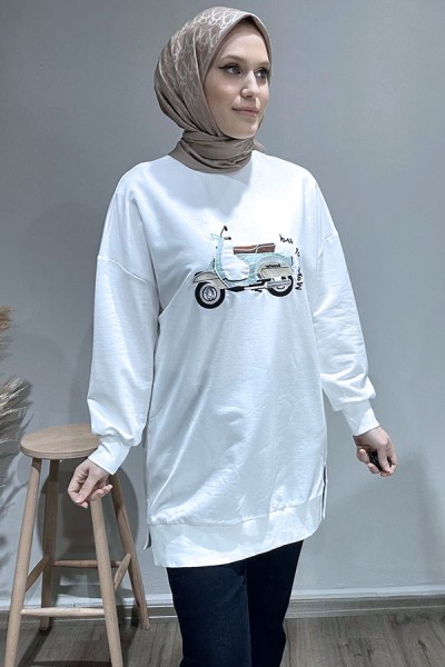 Motosiklet Baskılı Sweat-Ekru