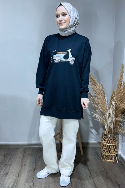Motosiklet Baskılı Sweat-Lacivert