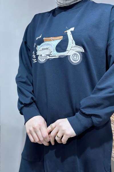 Motosiklet Baskılı Sweat-Lacivert