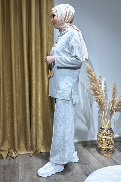 Kapşonlu Keten Takım-Gri