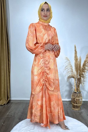 Eteği Büzgü Detaylı Saten Elbise-Turuncu