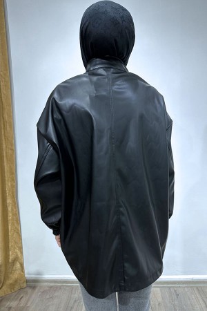 Oversize Kısa Deri Ceket-Siyah