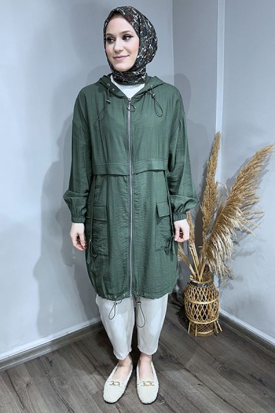 Etek Ucu Lastikli Paraşüt Trenç-Haki