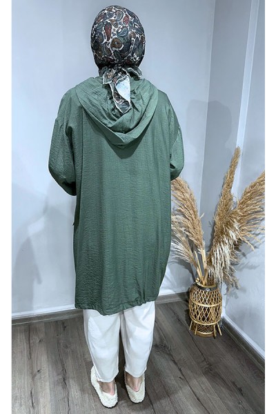 Etek Ucu Lastikli Paraşüt Trenç-Haki