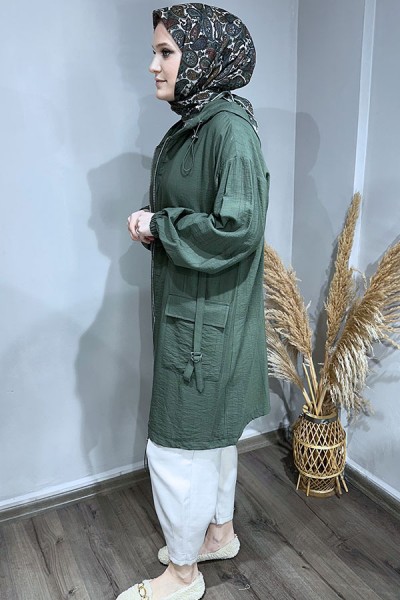 Etek Ucu Lastikli Paraşüt Trenç-Haki