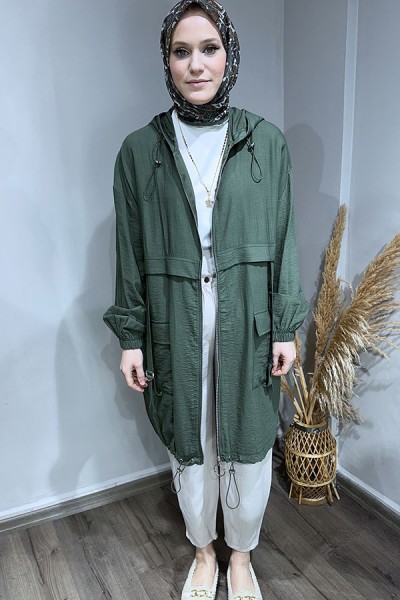 Etek Ucu Lastikli Paraşüt Trenç-Haki