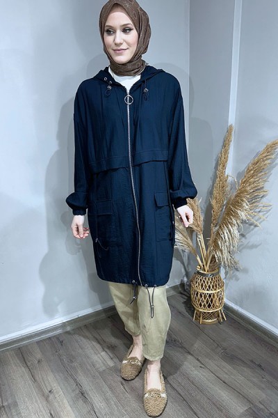 Etek Ucu Lastikli Paraşüt Trenç-Lacivert