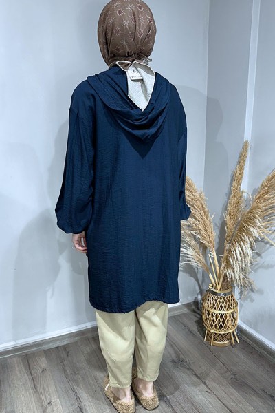 Etek Ucu Lastikli Paraşüt Trenç-Lacivert